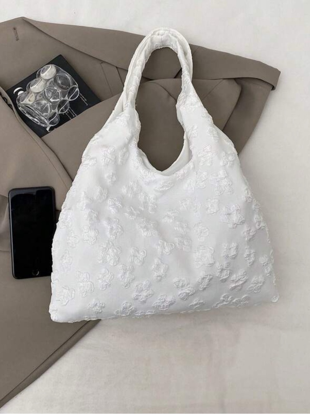 White Floral Texture Tote Bag - Women Bags